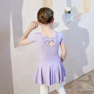 兒童舞蹈服夏季 紫色女童練功服暗扣開(kāi)檔幼兒考級(jí)練舞衣中國(guó)舞 短袖