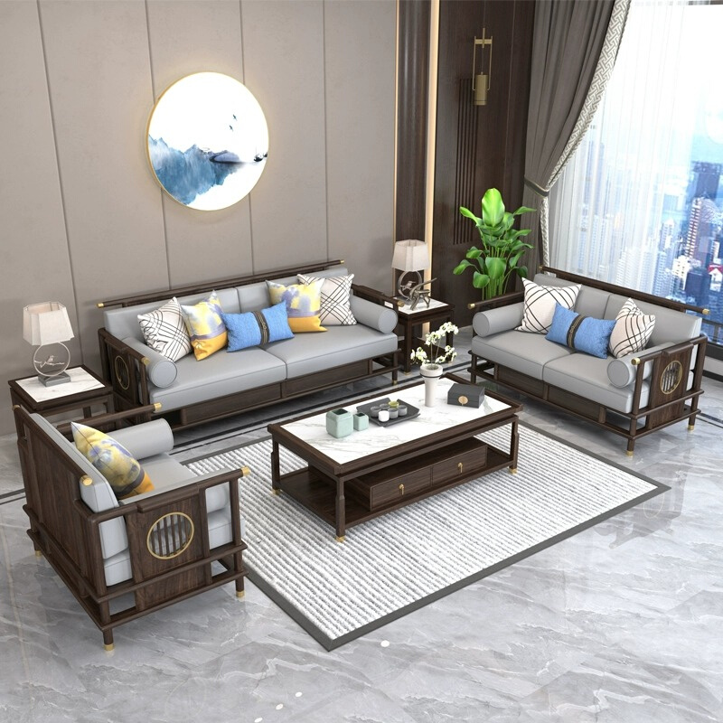 新中式实木沙发组合乌金木轻奢真皮大小户型别墅客厅简约现代家具