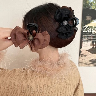 新年红色蝴蝶结中号抓夹女秋冬发卡后脑勺发夹网纱云朵泡泡鲨鱼夹