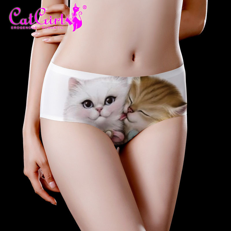 猫咪印花内裤新品无痕中腰三角裤女士