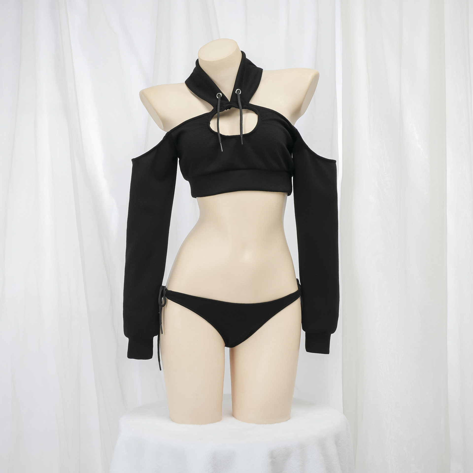 污喵社 长袖露肩挂脖露背露腰卫衣+系带内裤女 性感辣妹纯欲制服