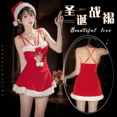 圣诞丝绒睡裙吊带睡衣女红色战袍