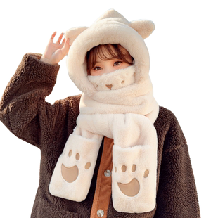 小熊帽子围巾女冬季可爱毛绒口罩三件套连帽一体护耳加厚围脖保暖