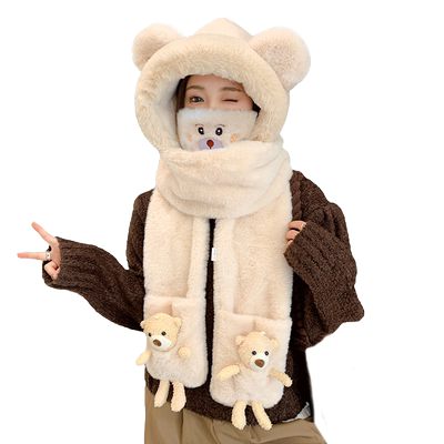 帽子女秋冬新款小熊加绒三件套