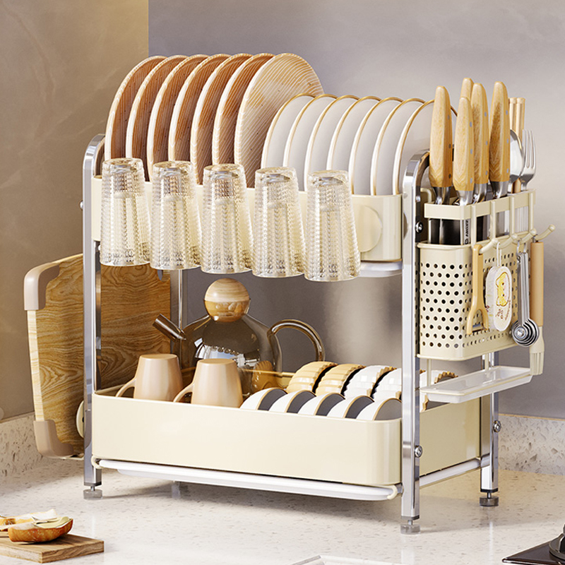 厨房碗架沥水碗碟碗盘置物架家用台面2H024新款双层刀架多功能杯
