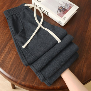 人字纹阔腿裤女2025新款秋冬季加绒直筒窄版小个子羊毛呢弯刀裤子