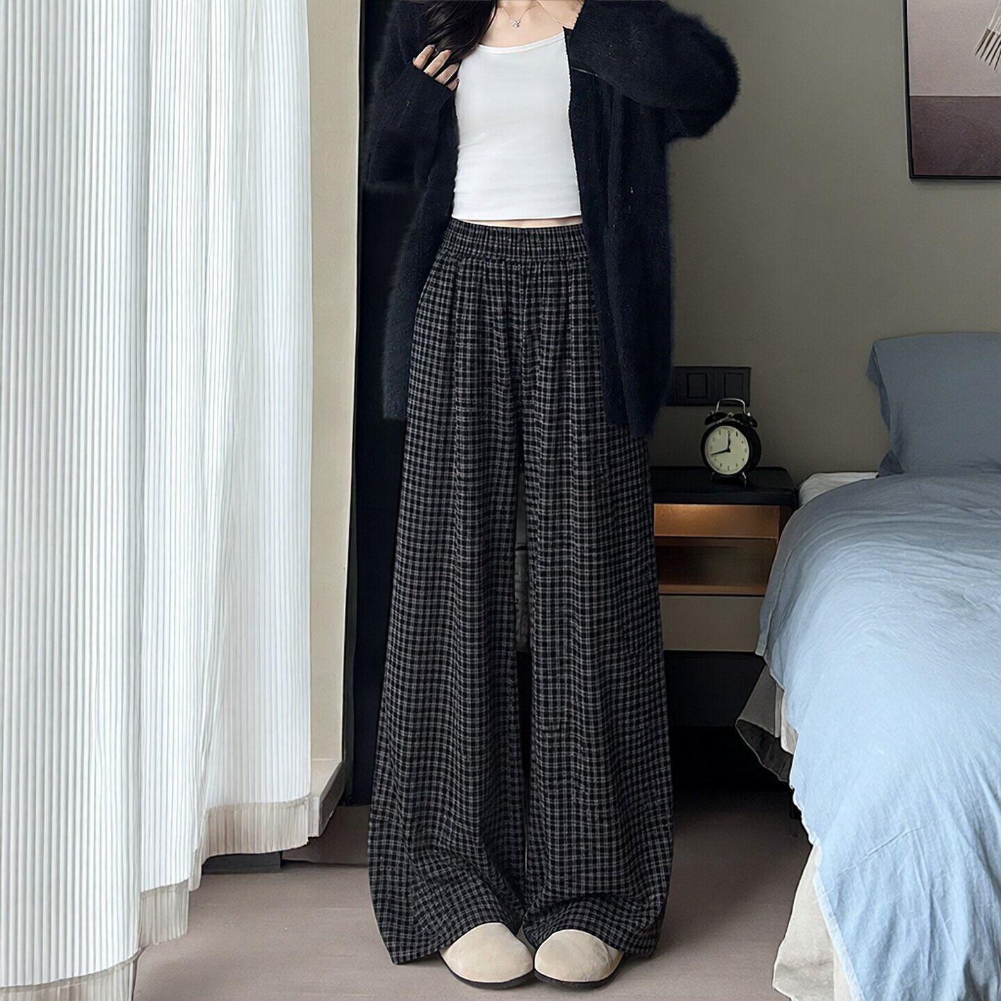黑色格子裤女2026新款秋季垂感宽松慵懒松弛小个子直筒休闲阔腿裤