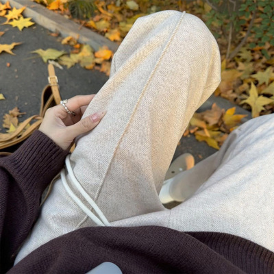 醋酸羊毛阔腿裤女秋冬加绒窄版小个子毛呢直筒休闲人字纹糯米裤子