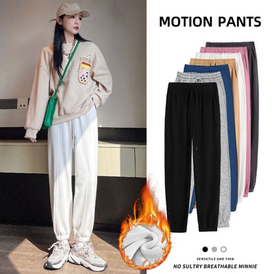 白色加绒运动裤女2025新款秋冬季加厚棉裤外穿小个子宽松束脚卫裤