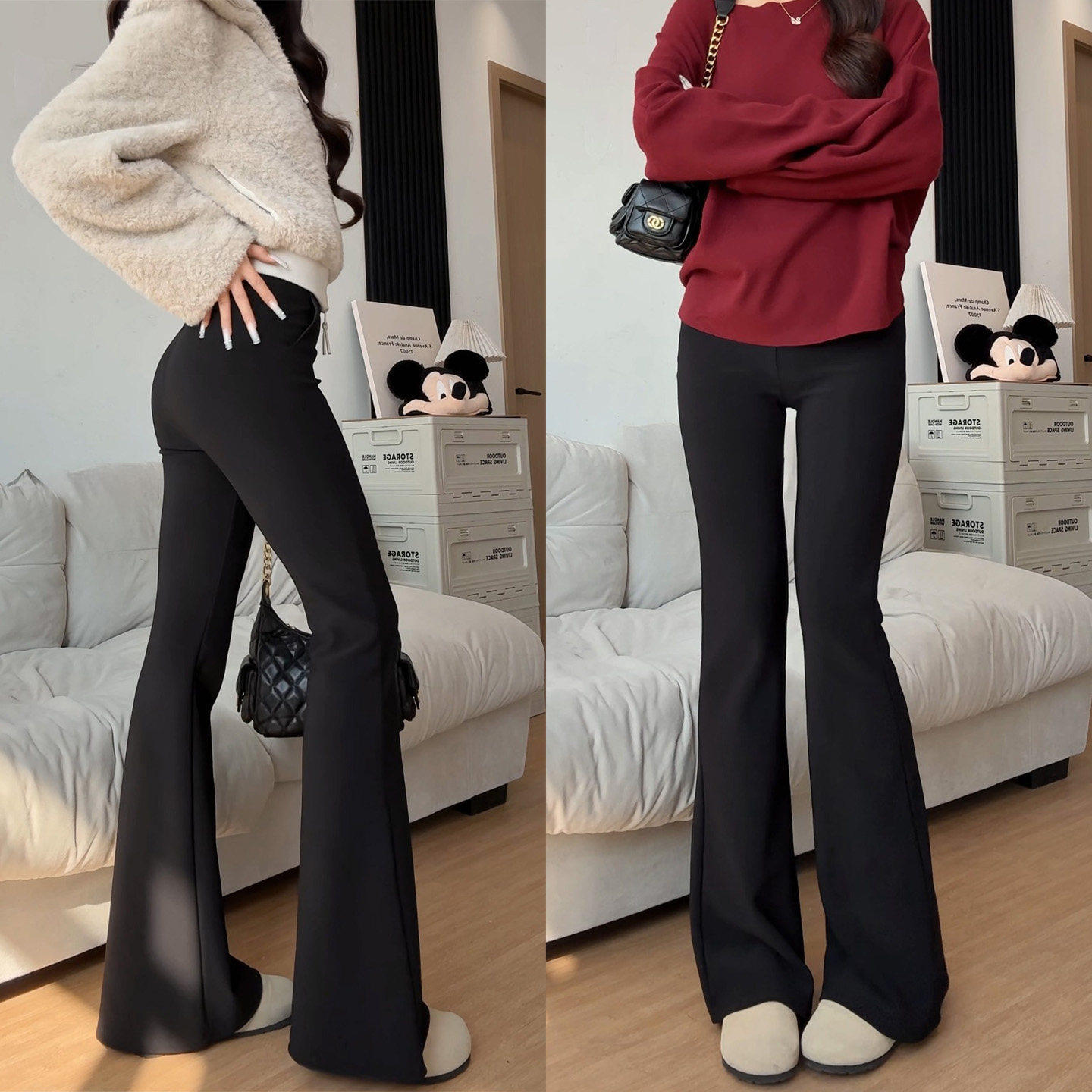 黑色加绒喇叭裤子女冬微喇西装裤感垂感小个子休闲高腰马蹄裤