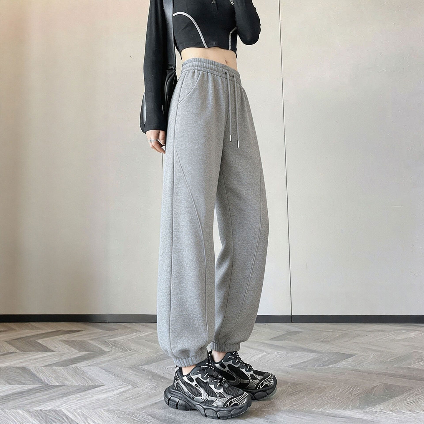 灰色运动裤女秋季宽松萝卜哈伦裤直筒烟管休闲学生小个子束脚卫裤