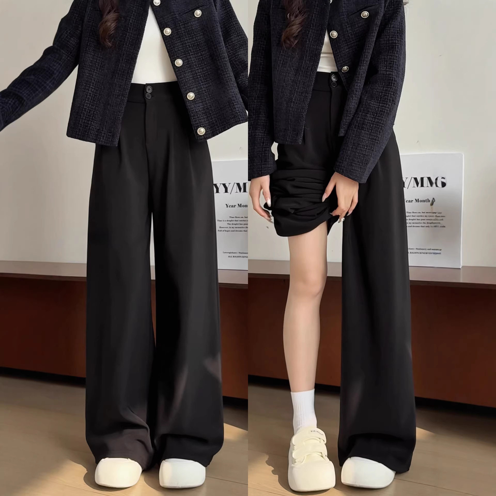 加绒阔腿裤女秋冬季加厚小个子大码西裤直筒黑色感垂感西装裤