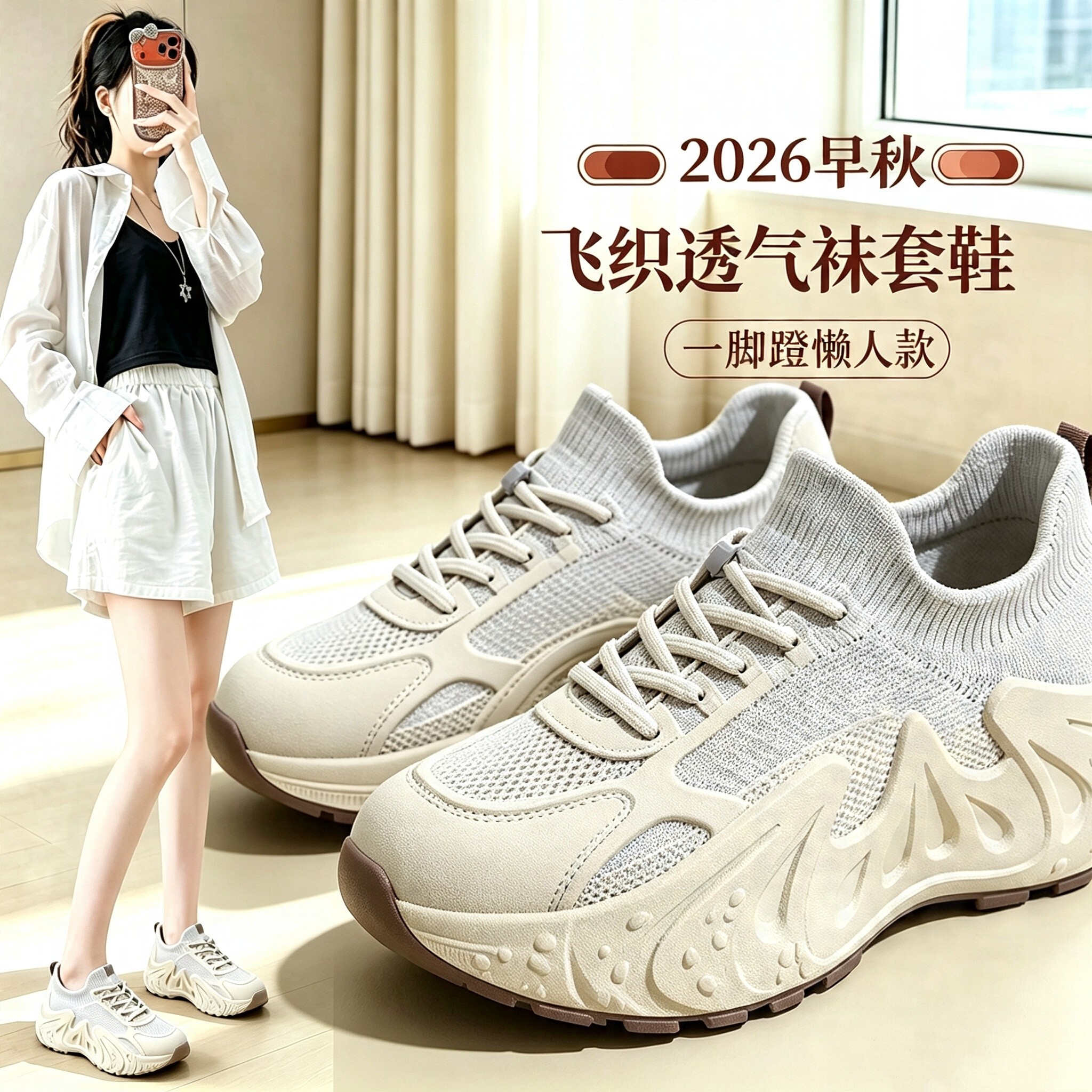 ins韩版飞织袜套鞋女2026早秋懒人厚底增高学生轻便运动休闲鞋 