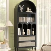 法式 复古做旧黑色拱形双门实木书柜美式 定玻璃置物收纳柜餐边柜