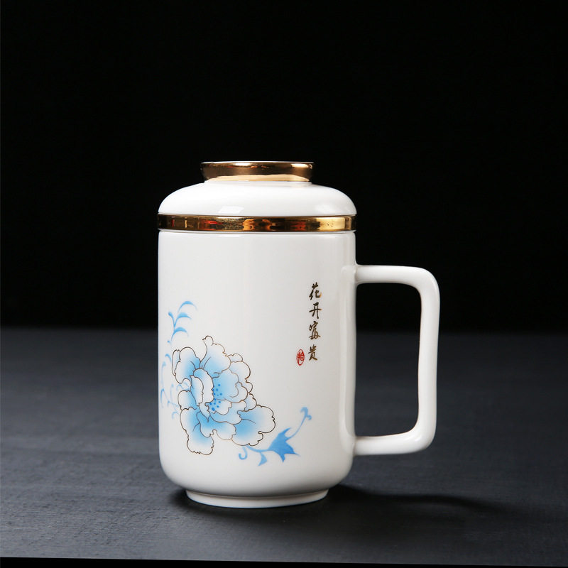跨境高白瓷茶水分离杯子花开富贵带盖陶瓷杯茶水分离礼品定制logo