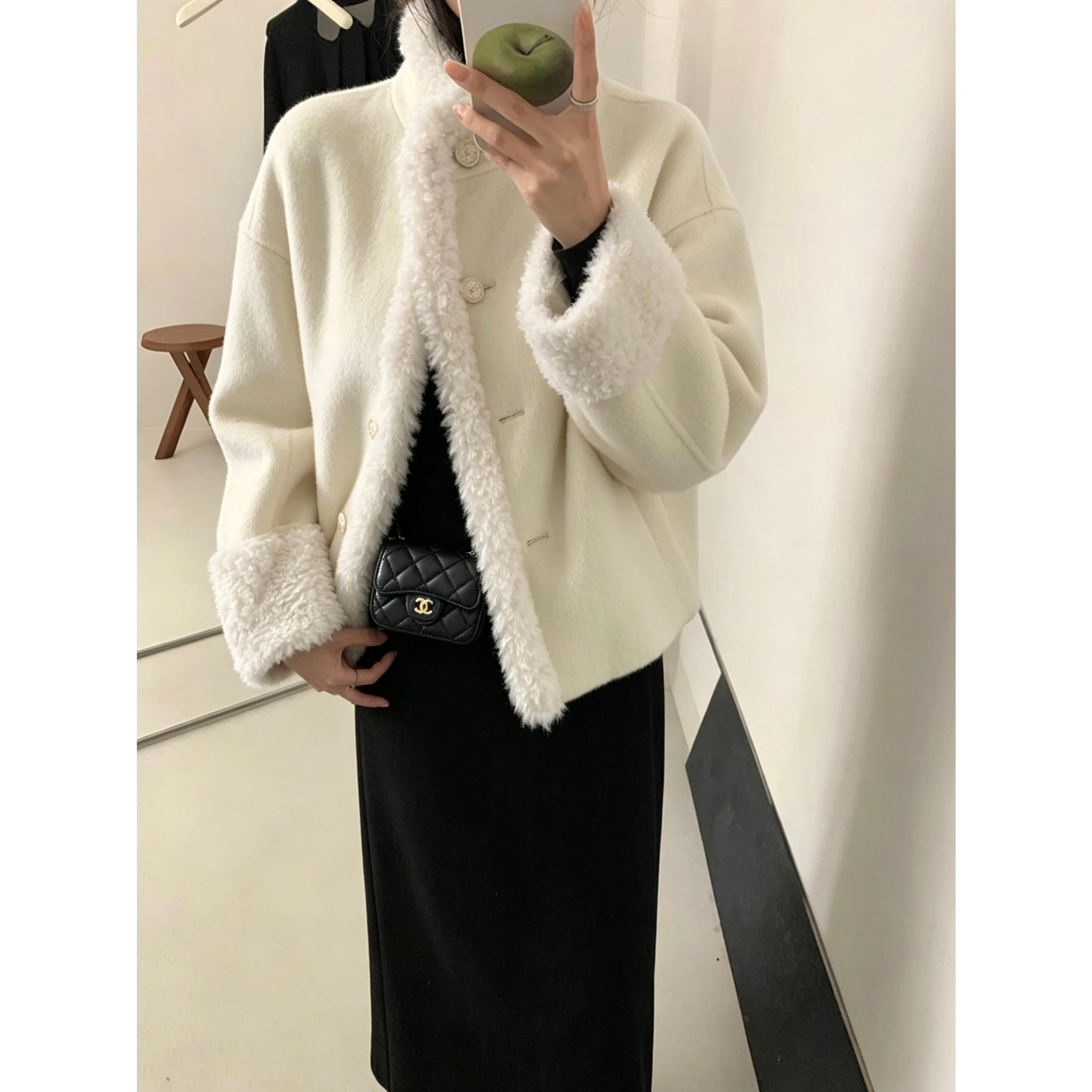 秋冬季新品呢子羊毛外套拼接双面羊毛大衣女短款立领气质羊毛外套