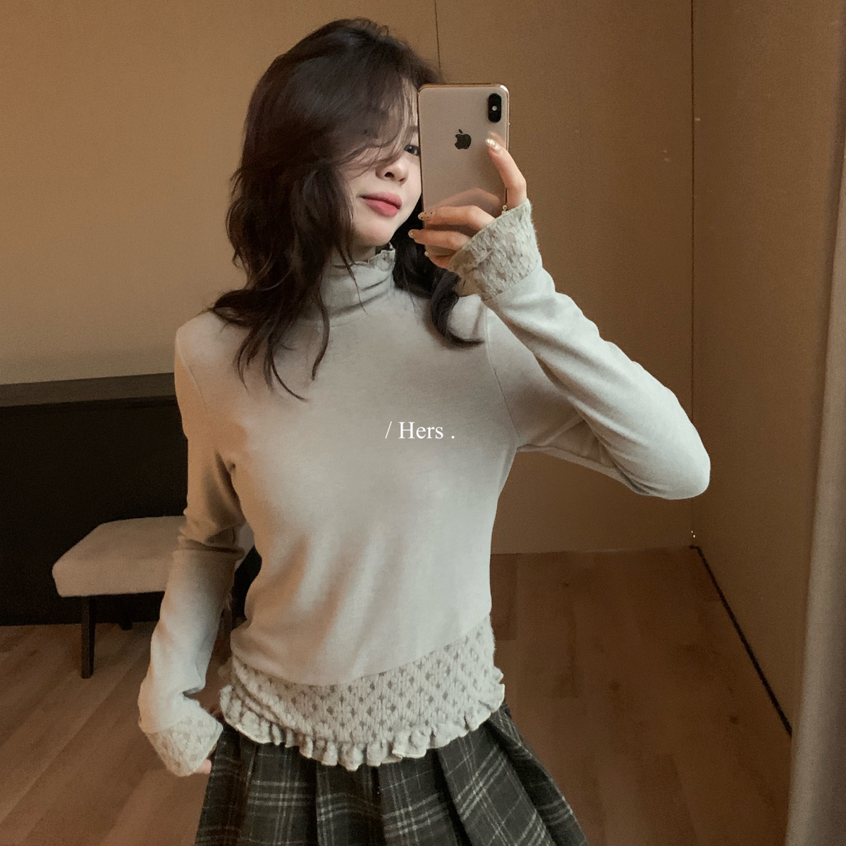 H冬上新简约气质小衫日常通勤蕾丝拼接磨毛打底衫92627