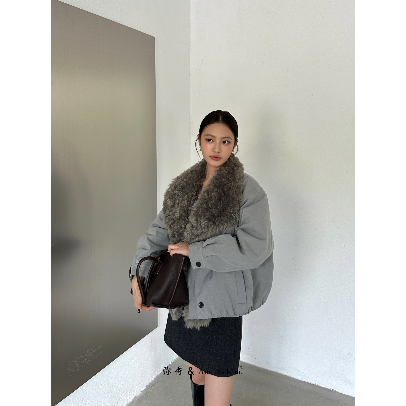 冬上新复古工装毛毛版型比例短外套女保暖加厚派克服6952#