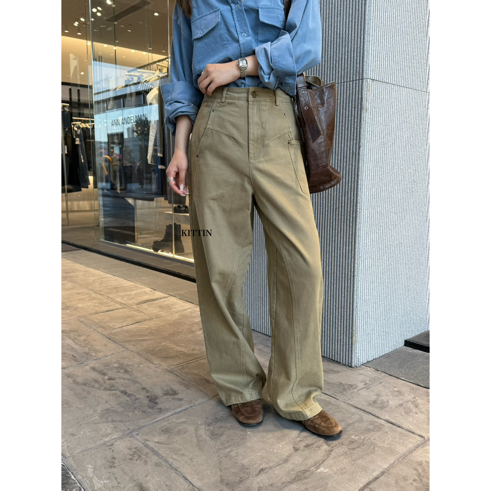 秋上新韩系复古时髦水洗法工裤休闲裤全棉休闲直筒长裤女90198#