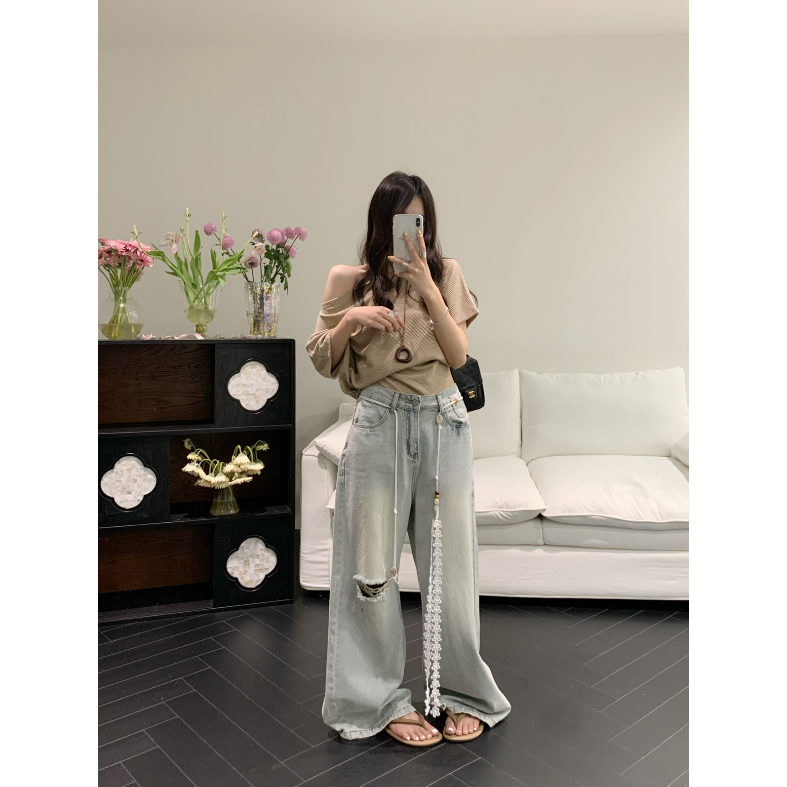 26新款时髦休闲裤韩系丝带腰绳搭配破洞阔腿牛仔裤(配腰绳)260356