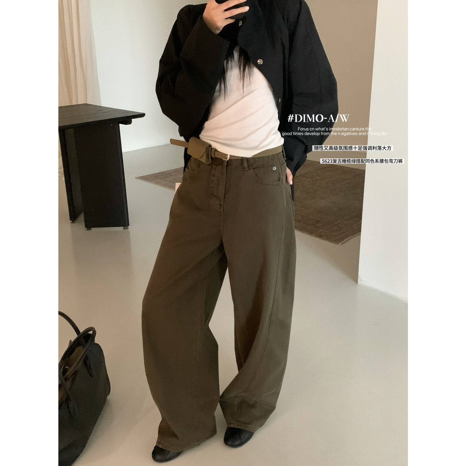 秋新品韩版高级感复古直筒弯刀裤牛仔裤(配腰带,腰包)5623橄榄绿
