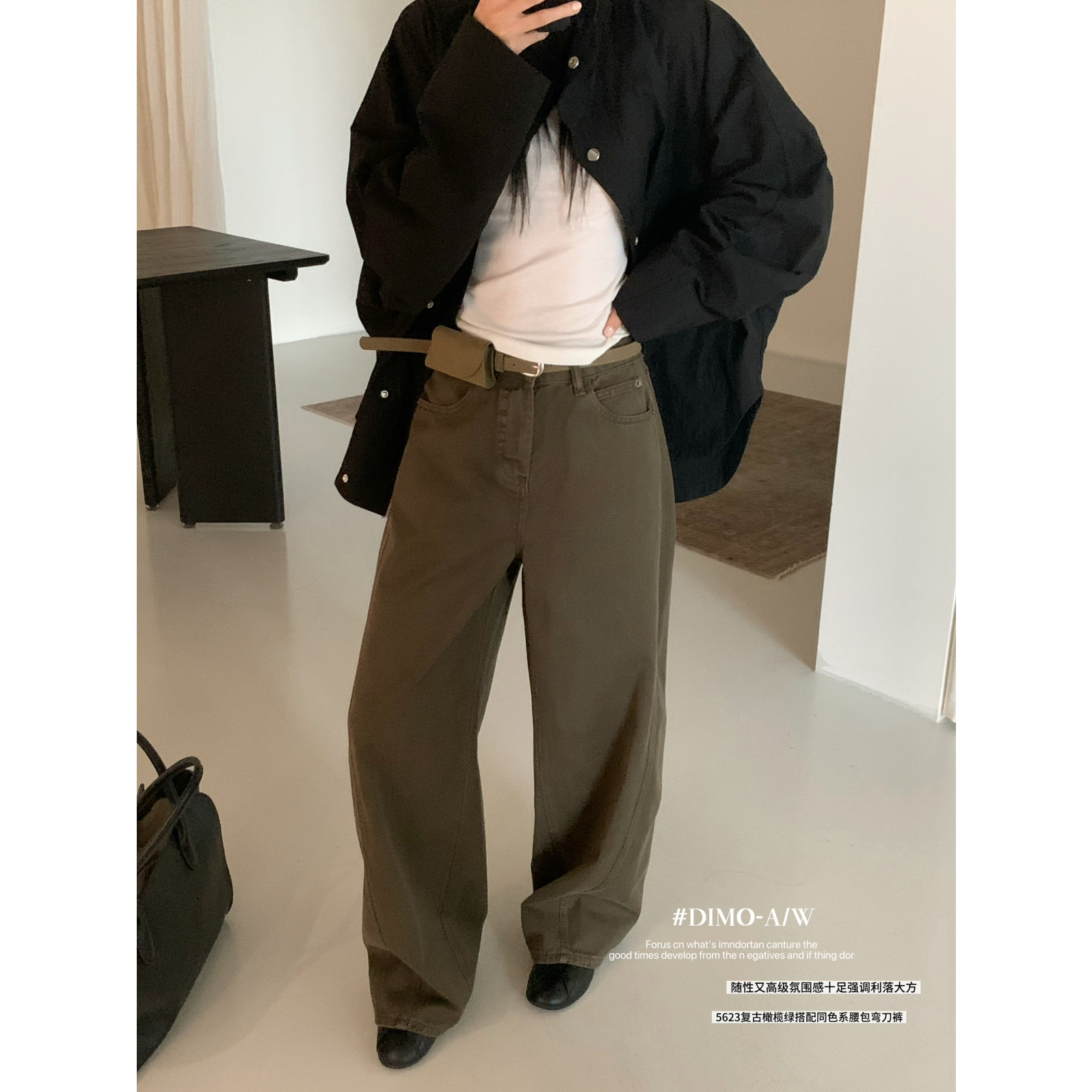 新品高级感女装腰包时尚弯刀裤女复古工装裤无弹牛仔裤5623橄榄绿