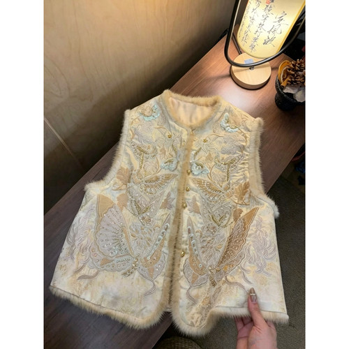 冬上新女装新中式高端重工刺绣水貂毛拼接夹棉国风马甲HH-268