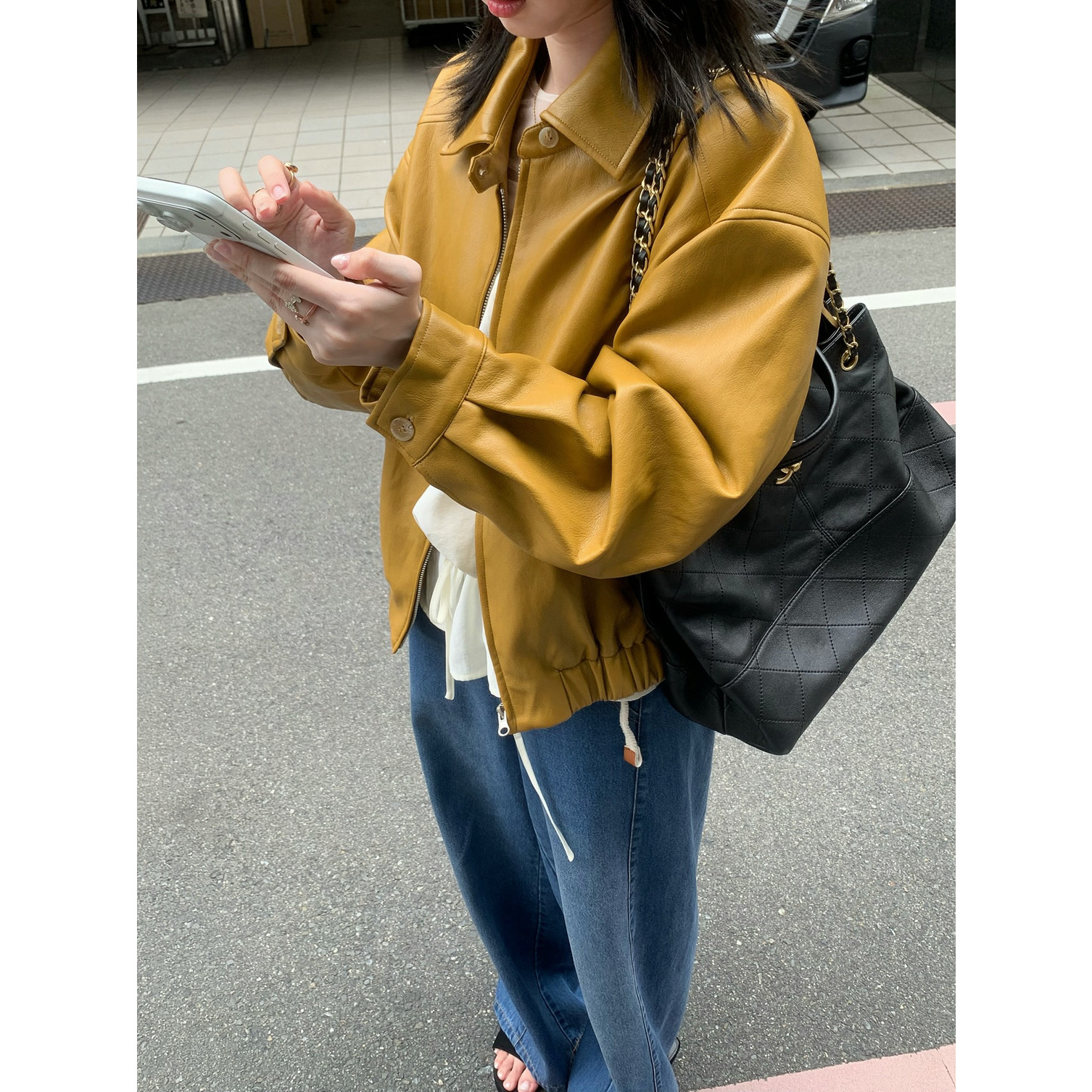 秋上新大牌简约翻领夹克外套机车款PU百搭皮夹克皮衣v268028