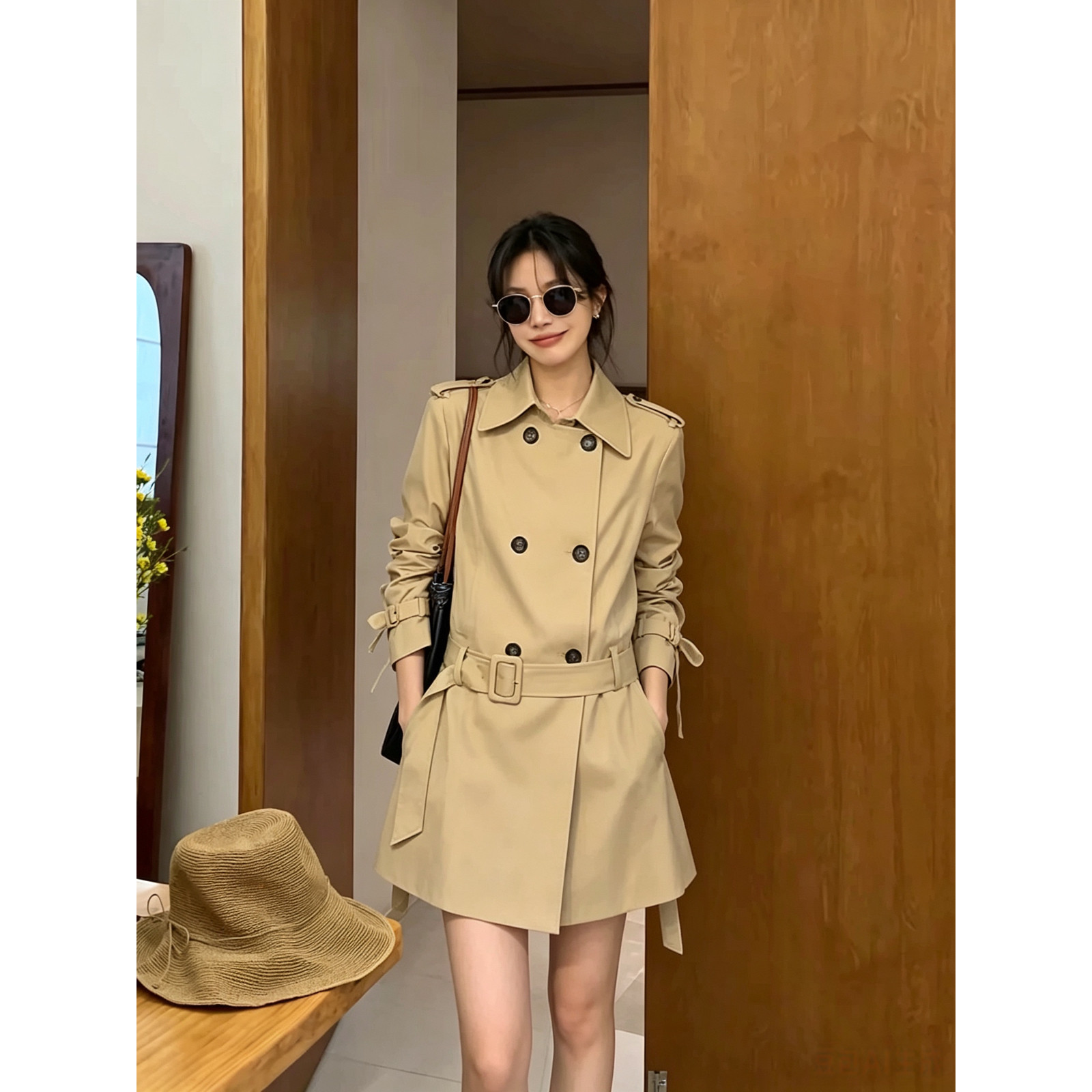 秋上新高级感法式大牌风衣女双排扣连衣裙(配腰带,袖扣盘)261113-