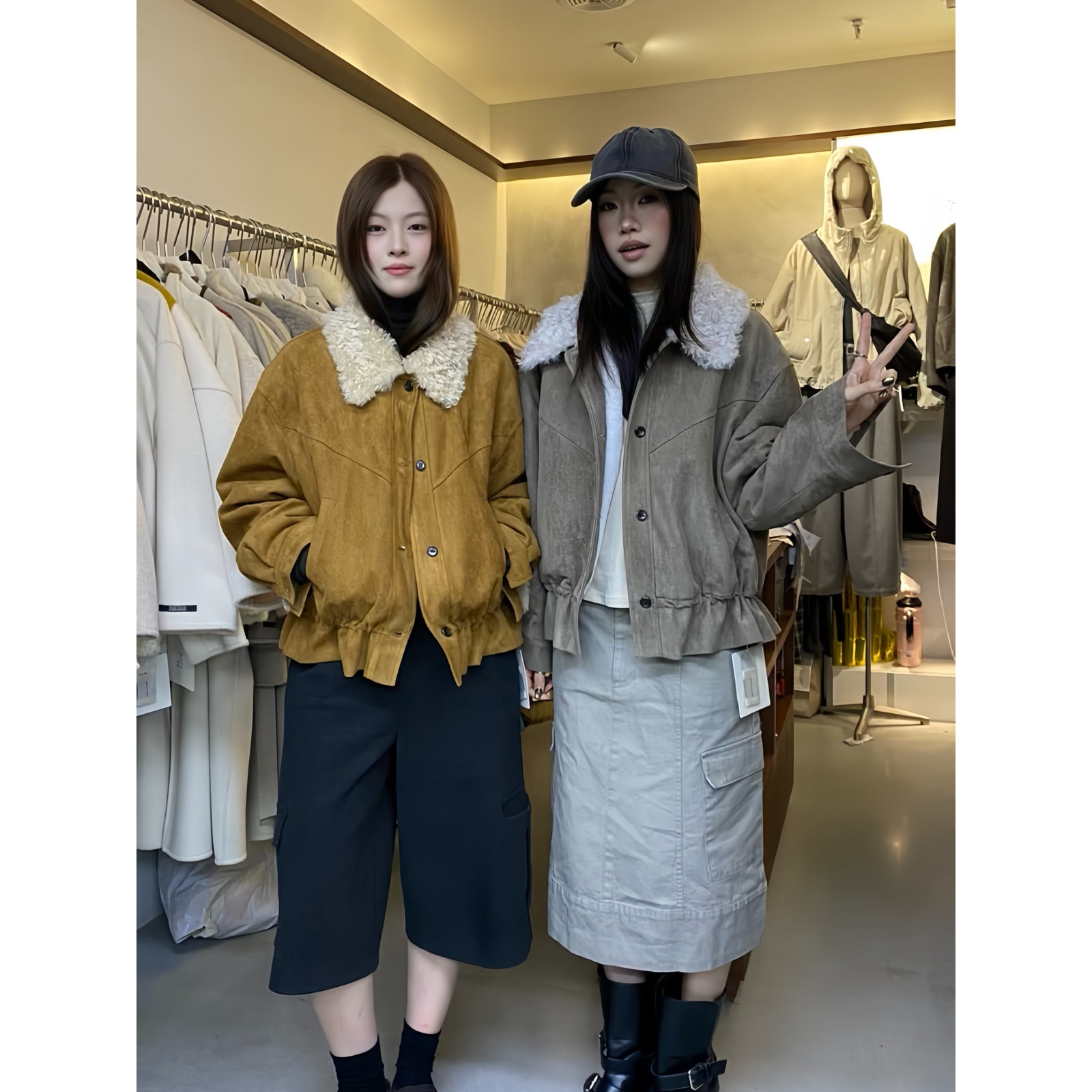 冬上新韩系下摆抽身设计保暖短外套女毛呢加绒外套YS1-6953#