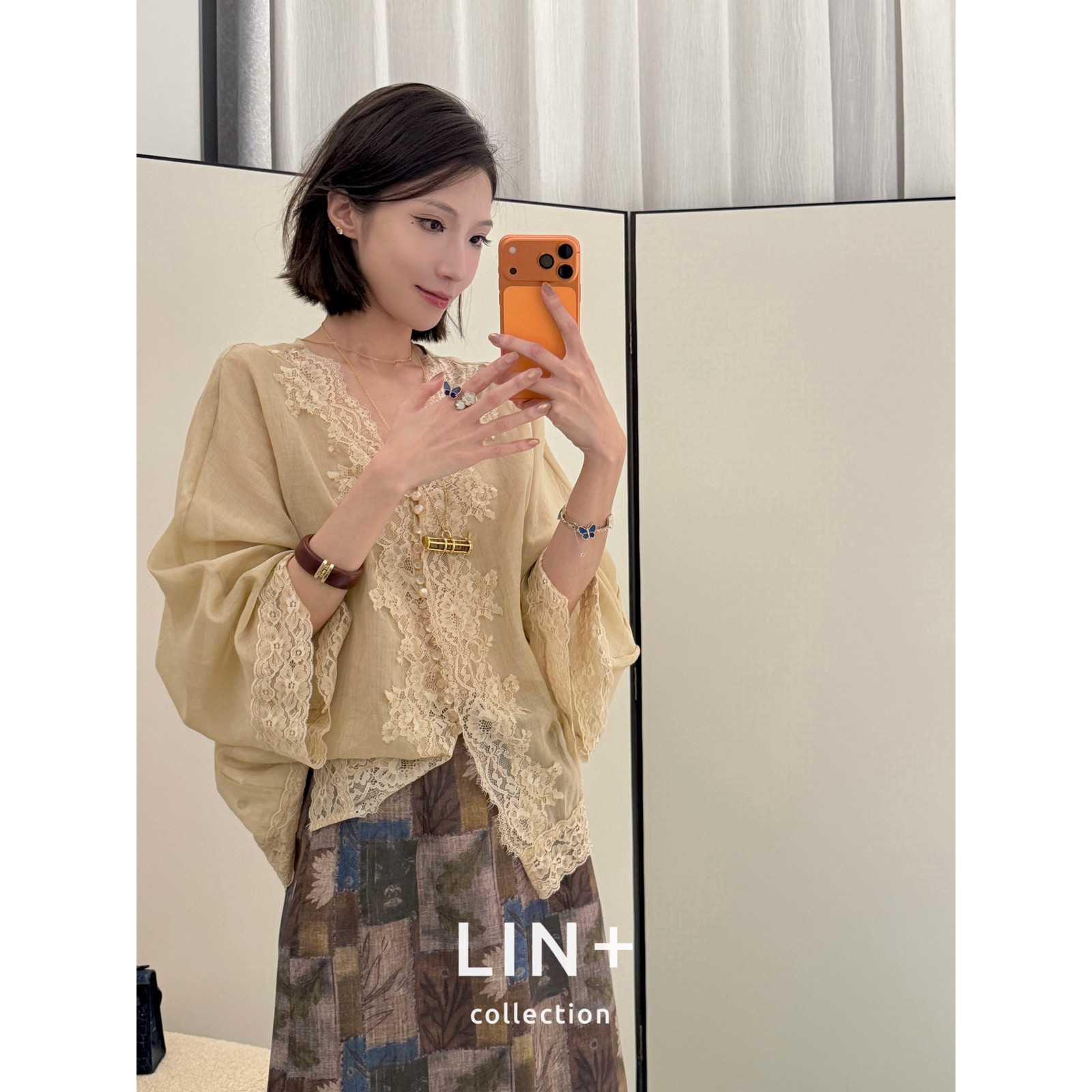 新蕾丝花边水晶扣宽松小衫含苎麻薄款透气外套女气质V领开衫SX007