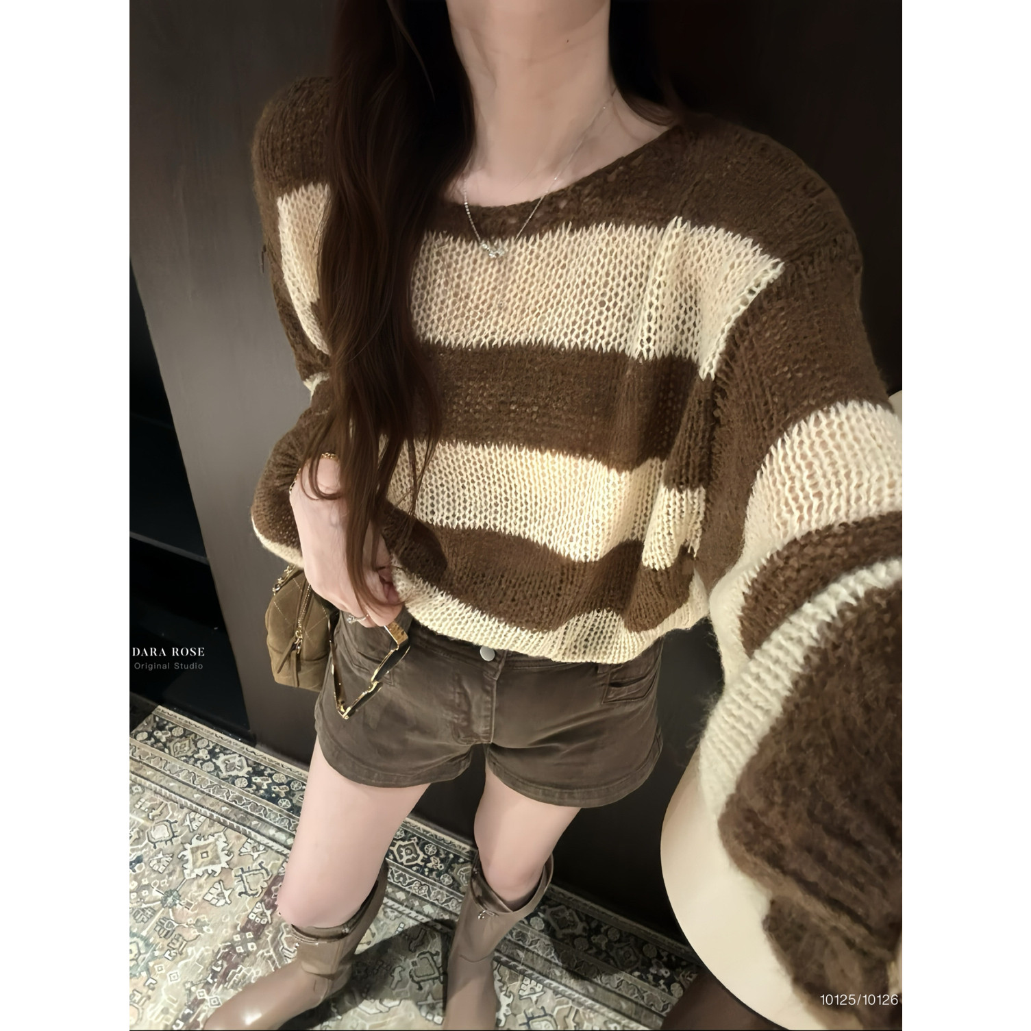 秋款减龄慵懒感撞色圆领上衣女镂空条纹针织衫长袖保暖小衫S10125