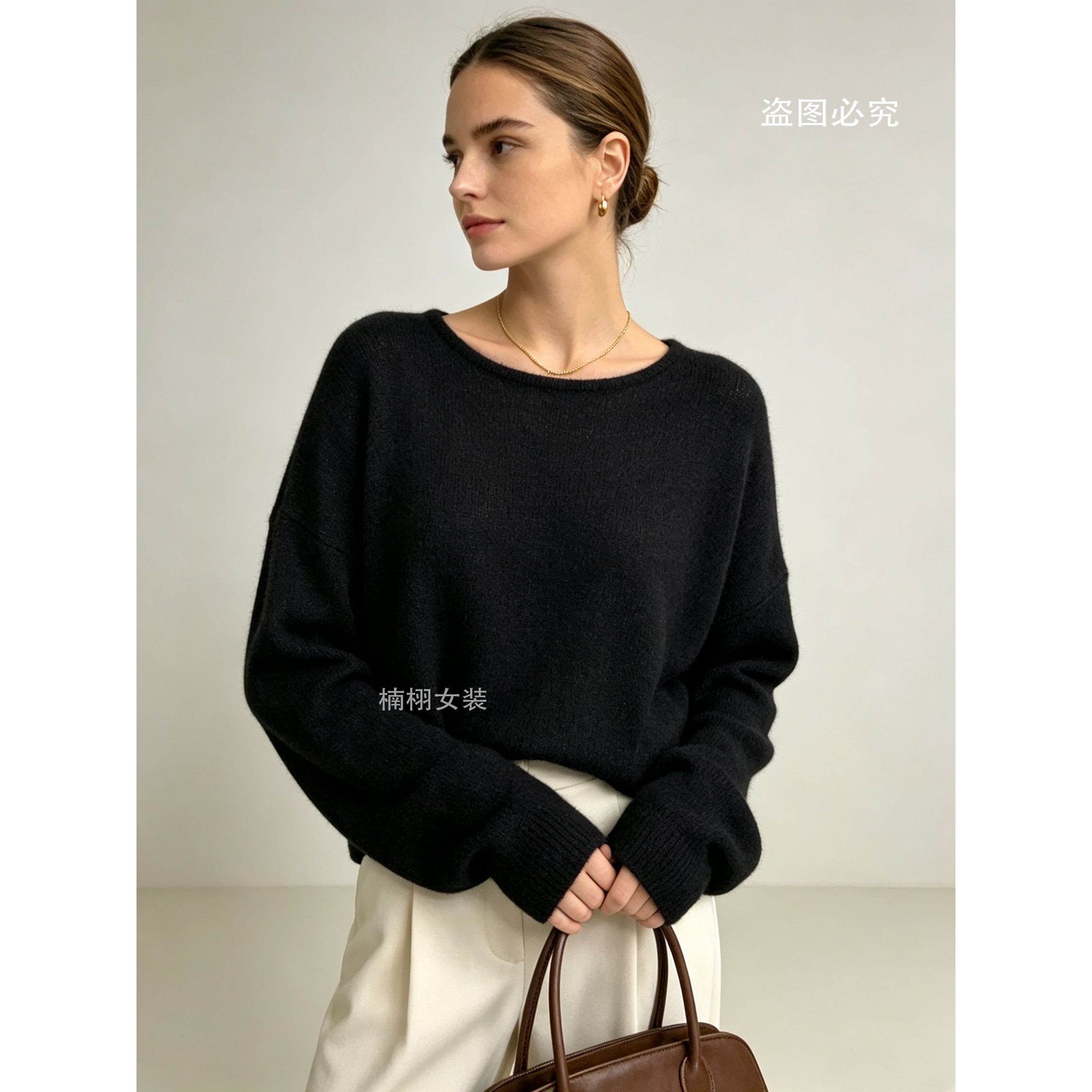 秋冬高级感简约百搭山羊绒衫女圆领软糯套头蝙蝠袖针织打底羊毛衫