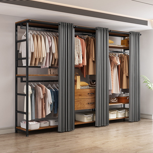 开放式衣帽间多层组合金属衣柜落地式置物架家用卧室带帘子挂衣架
