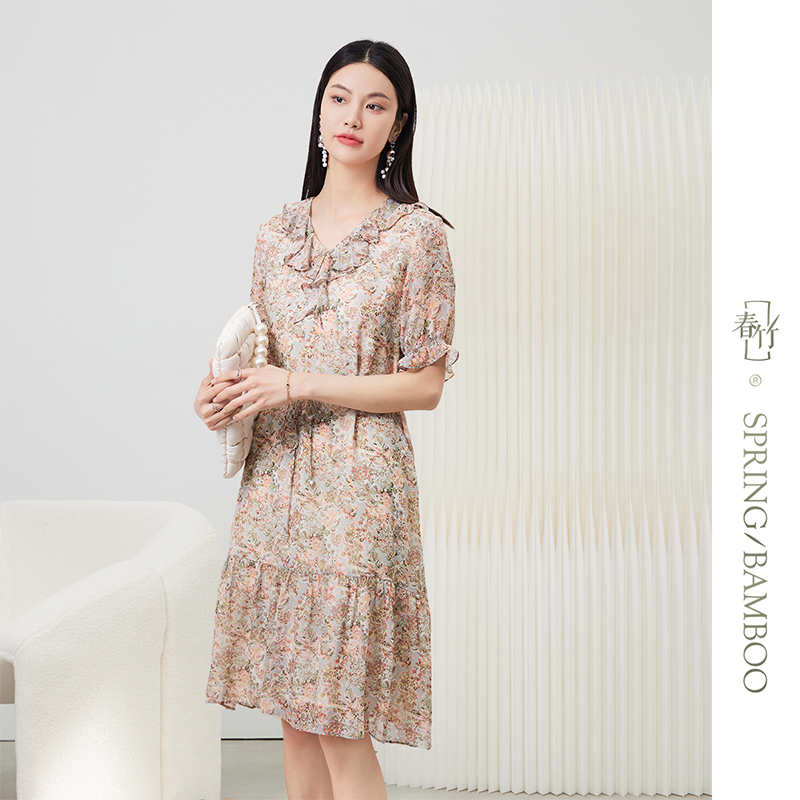 春竹断码清仓夏季V领花边100%桑蚕丝夏花彩橘优雅真丝连衣裙女