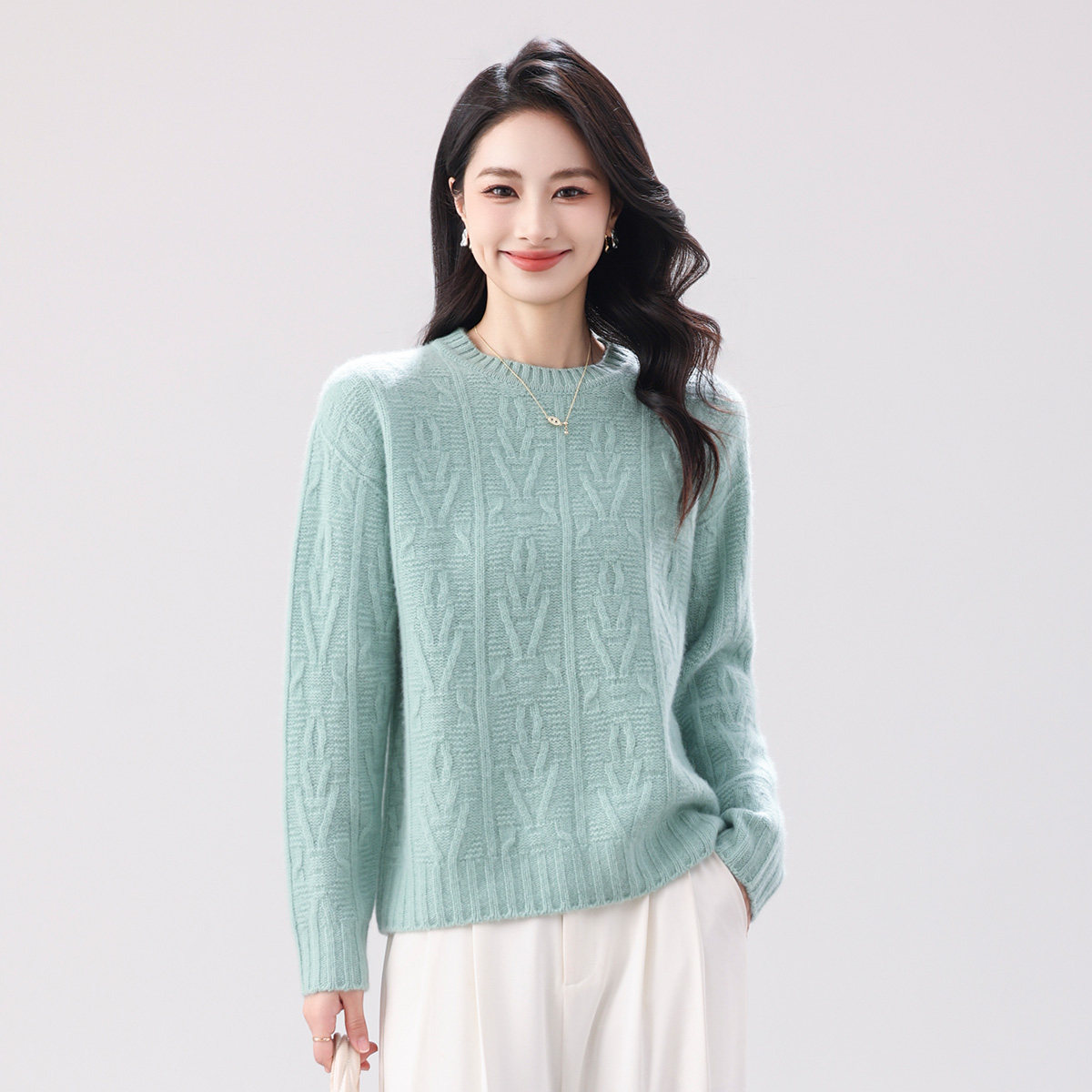 春竹岛精8针26支无缝100%纯羊绒26秋冬圆领提花毛衣保暖女羊绒衫