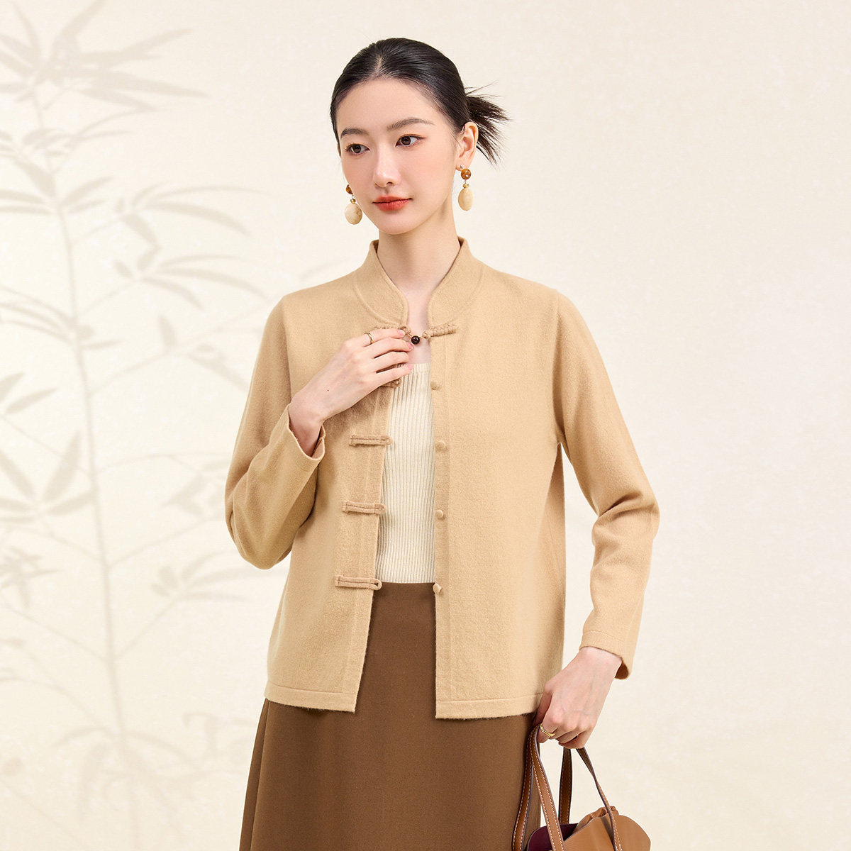 春竹100%羊毛外套26春秋新款新中式国风旗袍领洋气保暖女针织开衫
