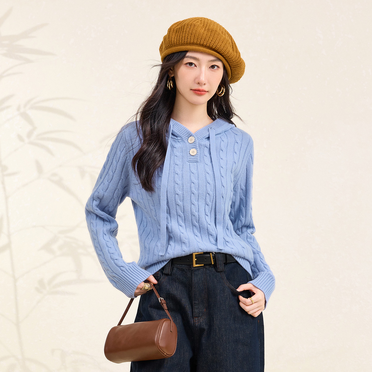 春竹25秋冬新款100%绵羊毛加厚连帽绞花针织卫衣休闲保暖女羊毛衫