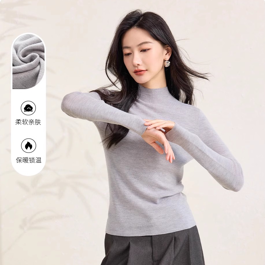 【无缝精纺纯羊毛】春竹秋冬新款半高领修身显瘦女针织打底羊毛衫