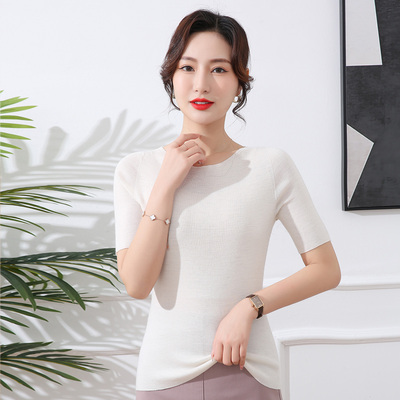 春竹100%羊毛女纯色短袖针织衫