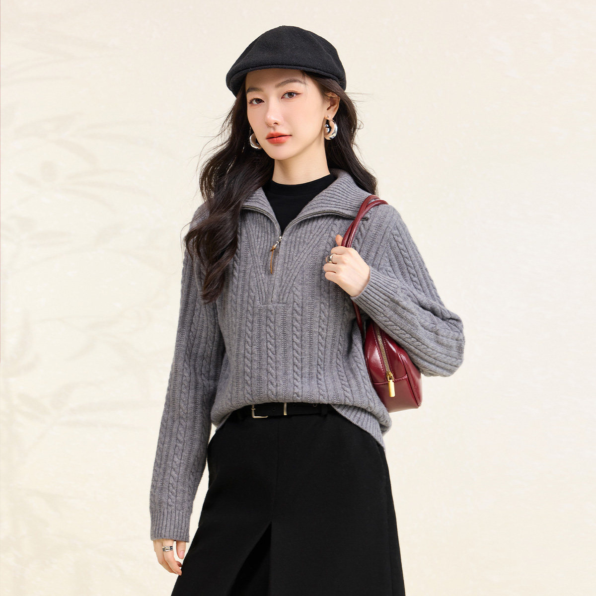 春竹加厚春季新款羊毛羊绒高领半襟拉链绞花休闲洋气保暖女羊毛衫