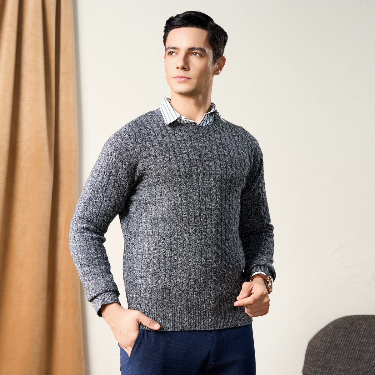春竹100%绵羊毛加厚冬款圆领绞花休闲百搭保暖内搭毛衣男士羊毛衫