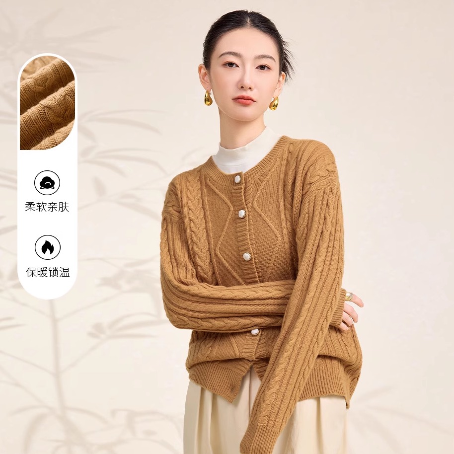 【加厚纯羊毛】春竹秋冬新款圆领绞花减龄保暖毛衣外套女针织开衫