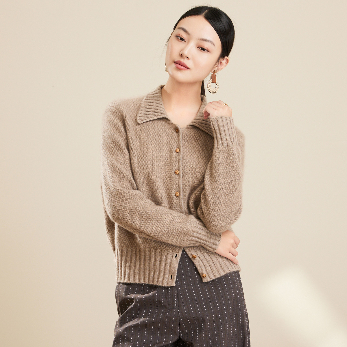 春竹秋冬新款100%山羊绒翻领针织开衫毛衣气质显瘦保暖羊绒外套女