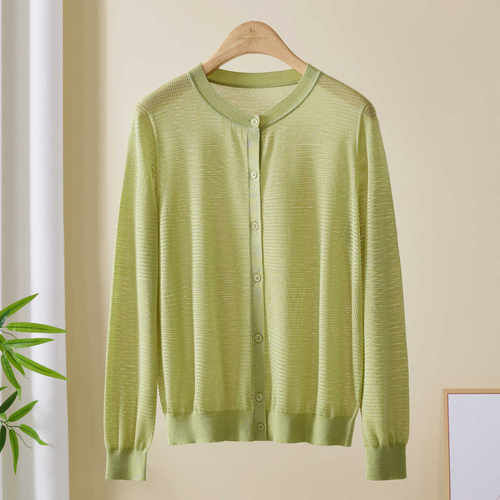 桑蚕丝针织衫春竹开衫圆领