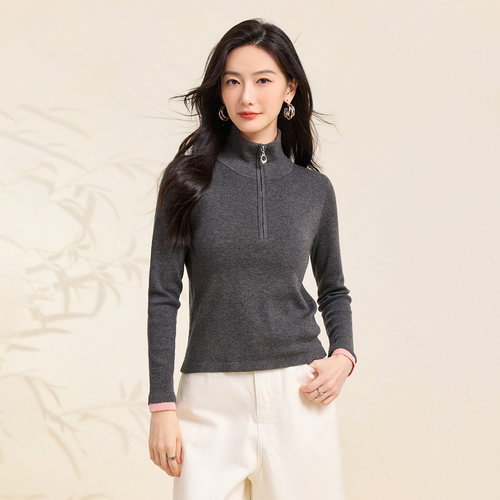 春竹2026早秋新款羊毛羊绒混纺高领半襟拉链修身显瘦休闲女针织衫