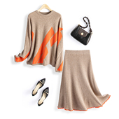 春竹25秋冬新款 半裙两件套女套装 100%绵羊毛拼色休闲时尚 减龄长袖