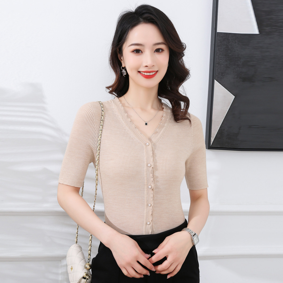 春竹100%绵羊毛V领短袖针织开衫