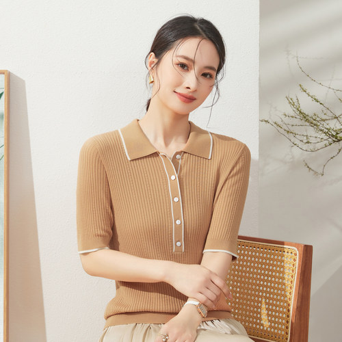 简约休闲含桑蚕丝短袖春竹T恤领