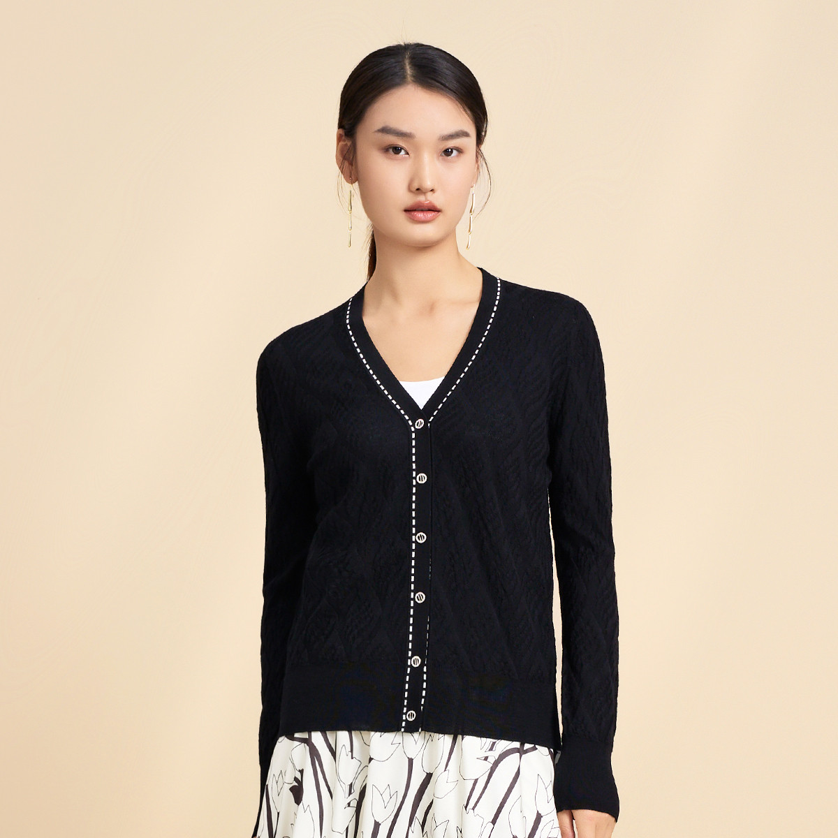 春竹2025秋季新款100%羊毛V领女开衫菱形薄款纯色宽松针织衫外套